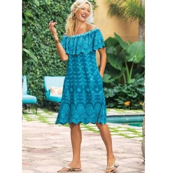 Soft Surroundings Dresses & Skirts - Turquoise‎ Off-Shoulder Eyelet Lace Summer Dress with Ruffle Detail Midi Length